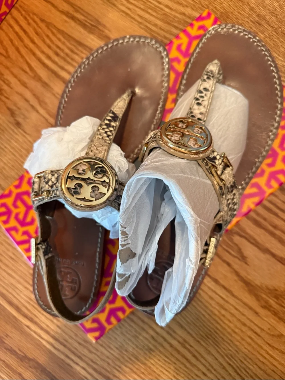 Tory Burch Gold Metallic Snake-Print Miller Thong Sandals